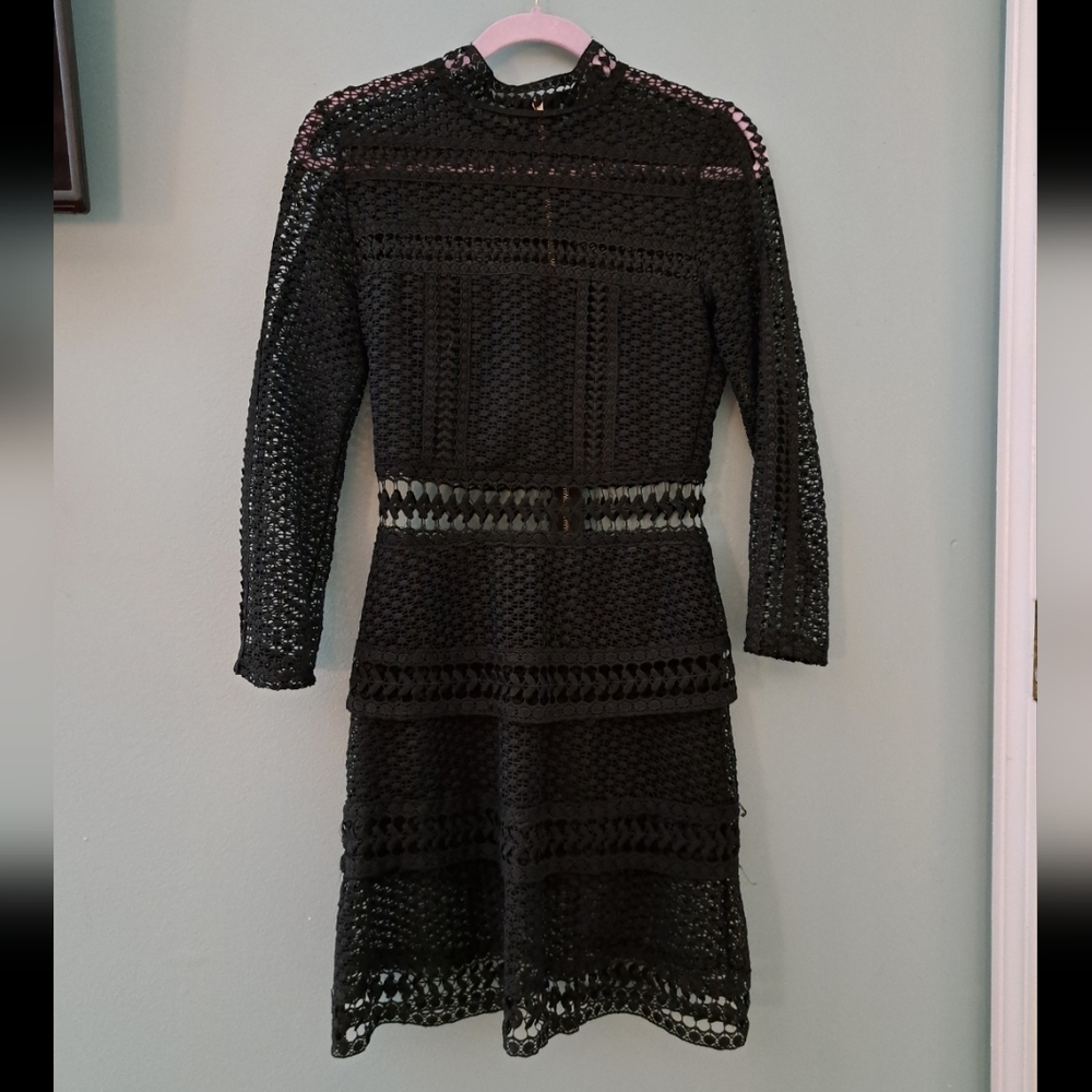 Chic Black Crochet Long Sleeve Dress